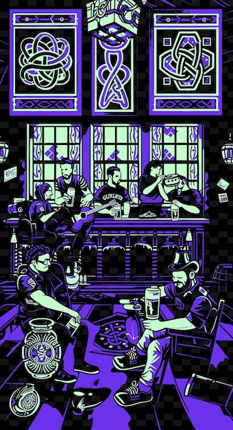 PSD banda folk irlandesa tocando en un pub con pintas de guinness y diseños de carteles de música ilustrados