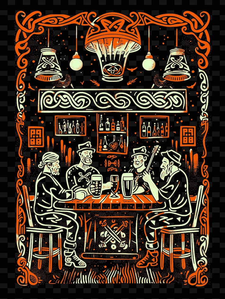 PSD banda folk irlandesa tocando en un pub con pintas de guinness y diseños de carteles de música ilustrados