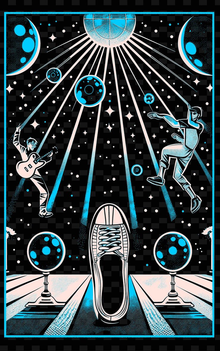 PSD una banda de funk tocando en un club retro con bolas de discoteca y platf vector ilustración idea de póster de música