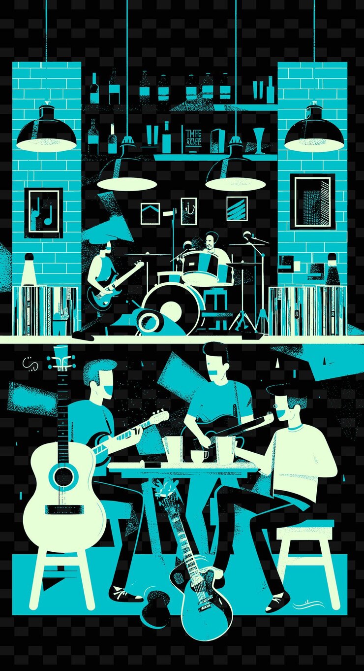 PSD una banda de indie rock tocando en una cafetería hipster con diseños de carteles de música con ilustraciones de vinilo