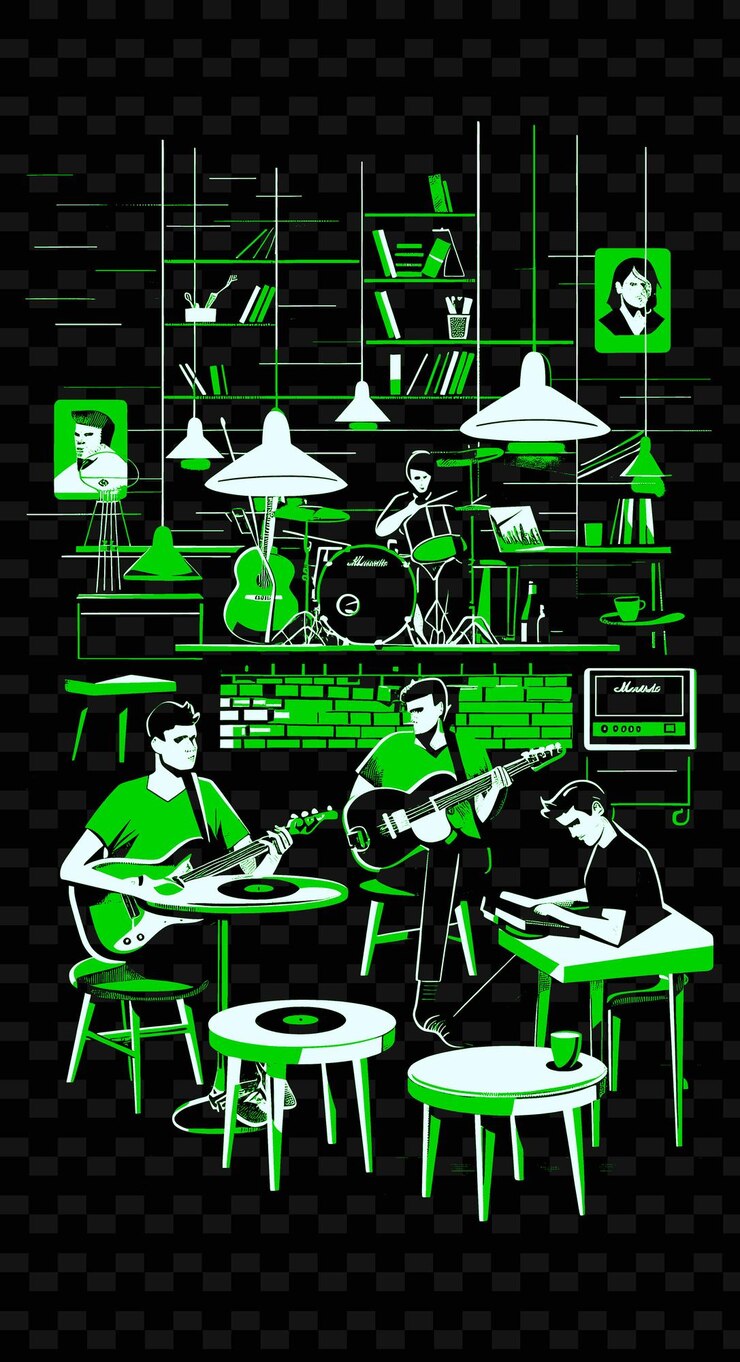PSD una banda de indie rock tocando en una cafetería hipster con diseños de carteles de música con ilustraciones de vinilo