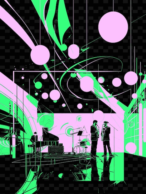 PSD una banda de jazz de fusión tocando en una sala de conciertos moderna con diseños de carteles de música con ilustraciones abstractas