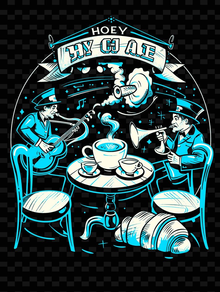 PSD una banda de jazz gitana tocando en un café parisiense con croissants una ilustración vectorial idea de cartel musical