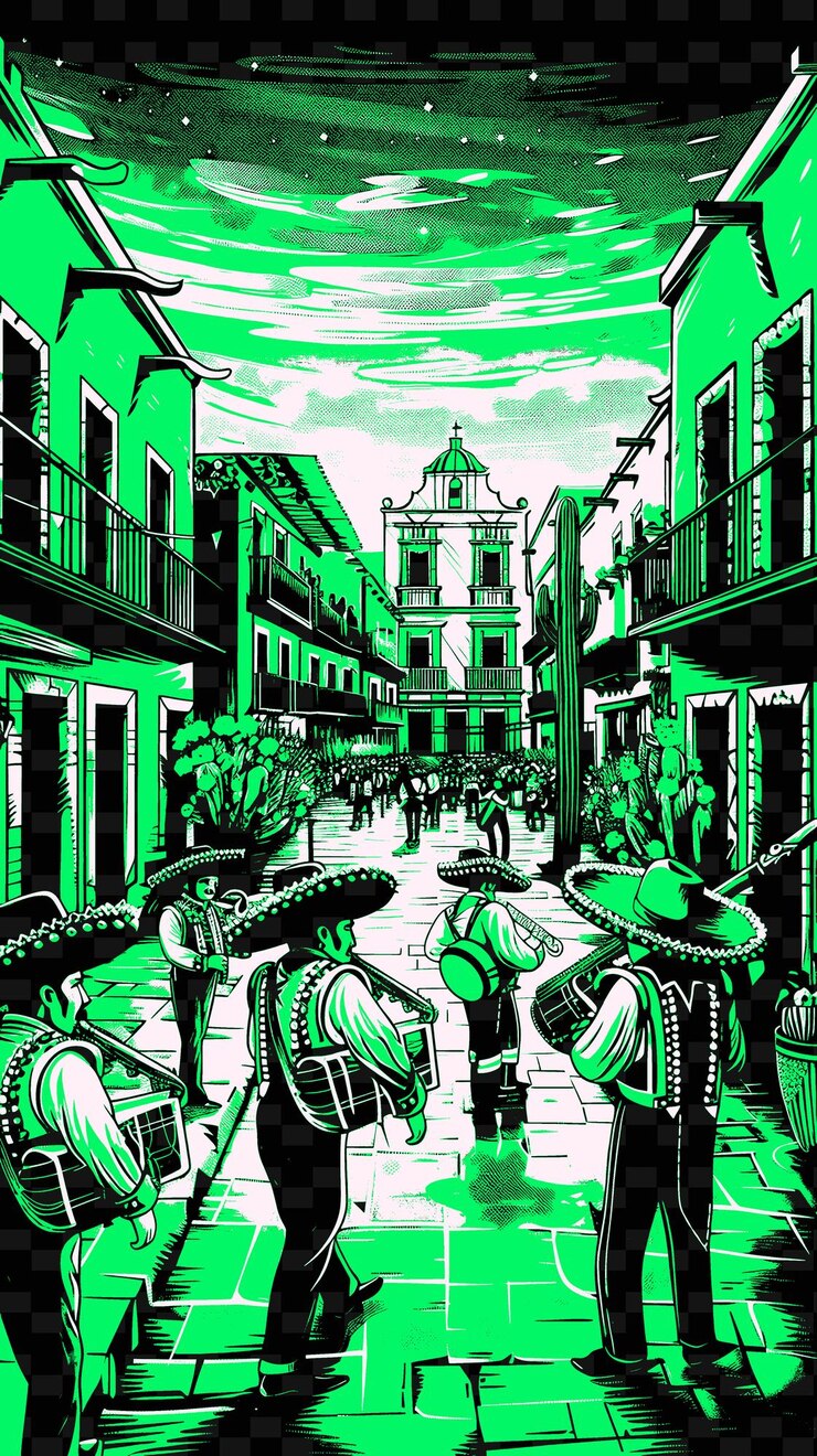 PSD la banda de mariachi tocando en una plaza mexicana con coloridos diseños de carteles de música ilustrados por edificios