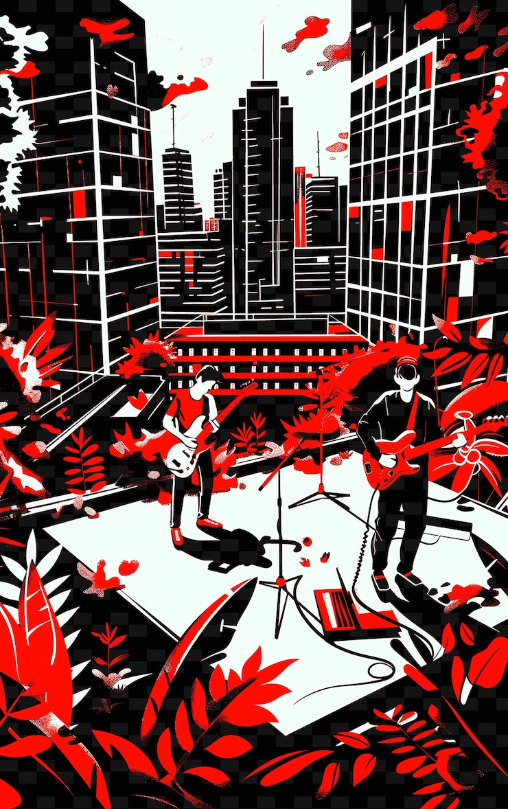 PSD una banda de pop indie tocando en un jardín urbano en la azotea con diseños de carteles musicales ilustrados por skyscr