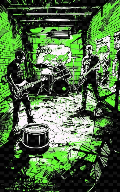 PSD una banda de punk rock tocando en un sótano sucio con graffiti y diseños de carteles musicales de ilustración
