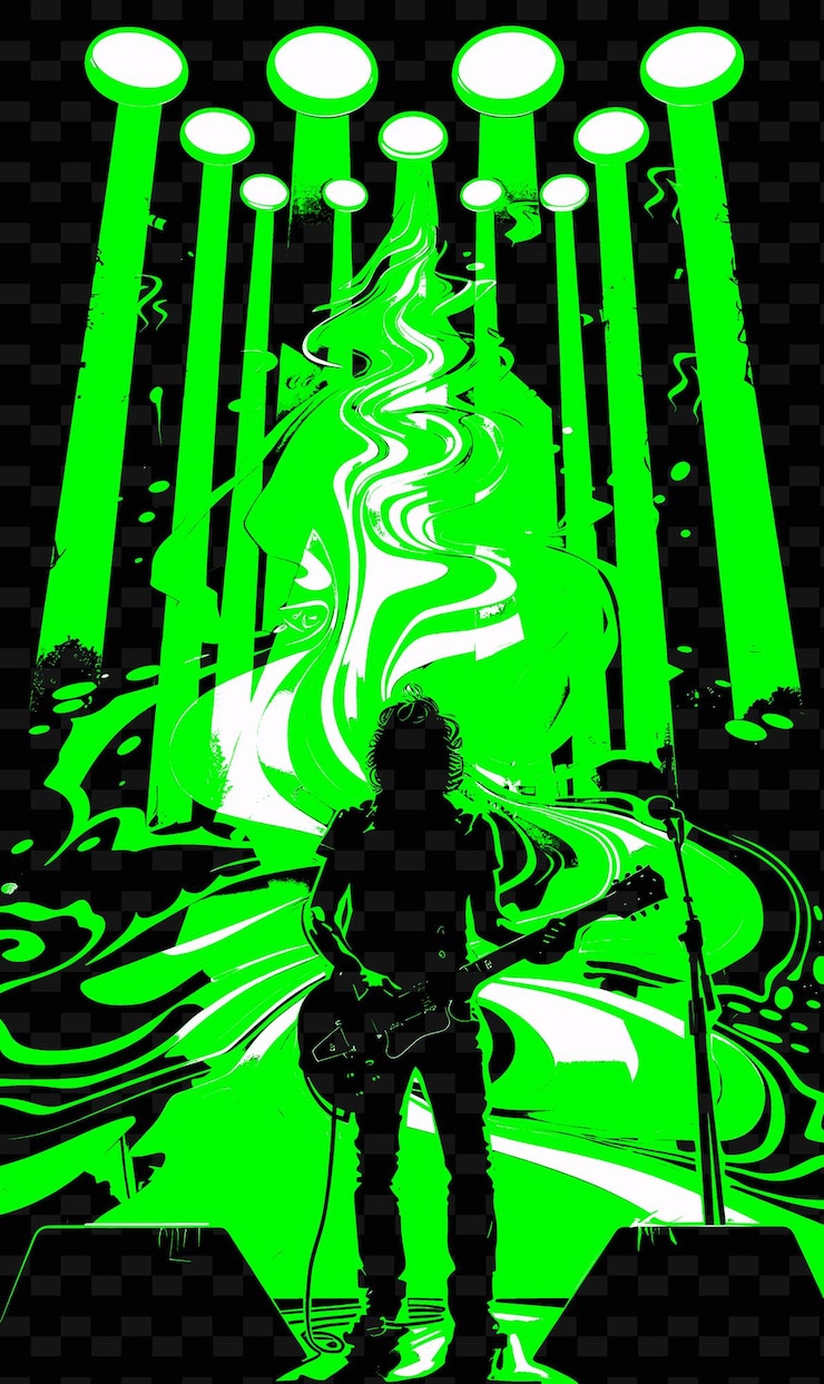 PSD banda de rock actuando bajo reflectores coloridos con diseños de carteles de música de ilustración eléctrica