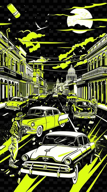 PSD banda de rumba afro cubana tocando en una calle de la habana con classi vector ilustración música poster idea