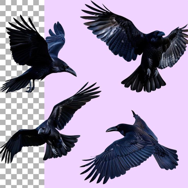 PSD bandada de cuervos voladores un cuervo negro en vuelo recorte temático de la vida silvestre ilustraciones fotorrealistas aisladas en aislado en fondo transparente recorte png
