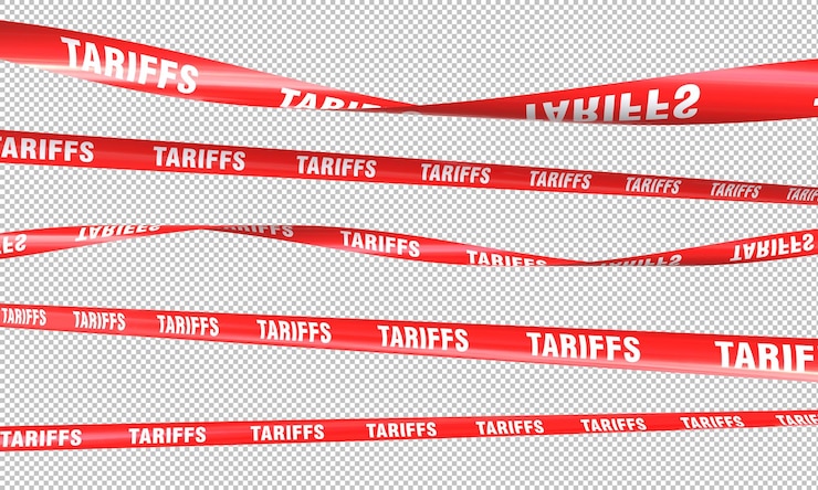 PSD bande de mise en garde rouge avec le mot " tarifs " répété représentant les restrictions commerciales et les droits d'importation isolés sur un fond transparent