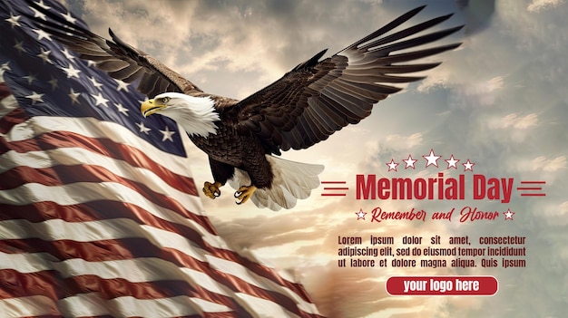 PSD bandeira americana balançando no vento com uma majestosa águia careca voando em primeiro plano dia do memorial