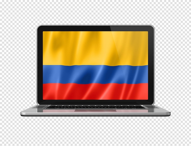 Bandeira colombiana na tela do laptop isolada na ilustração 3D branca