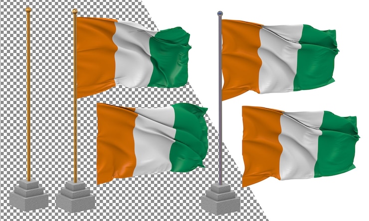 PSD bandeira da costa do marfim agitando estilo diferente com poste de suporte isolado renderização 3d