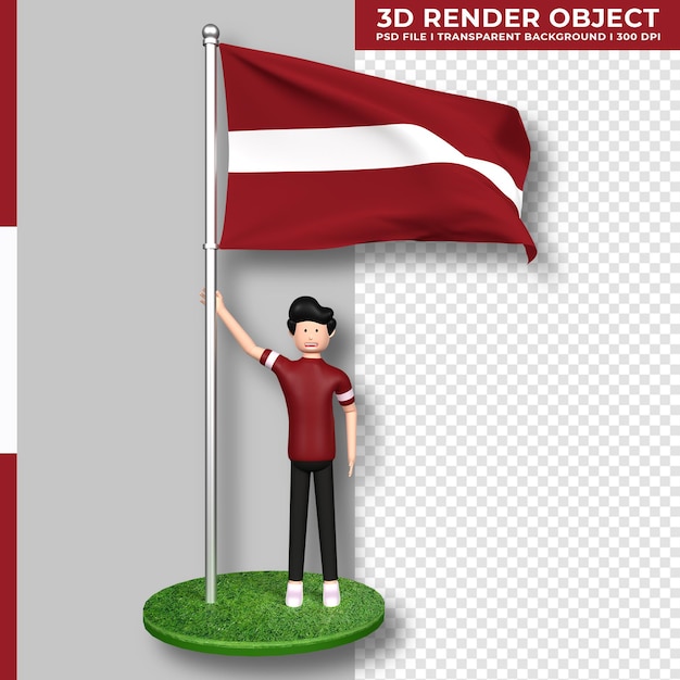 Bandeira da letônia com o personagem de desenho animado de pessoas fofas. renderização 3d.