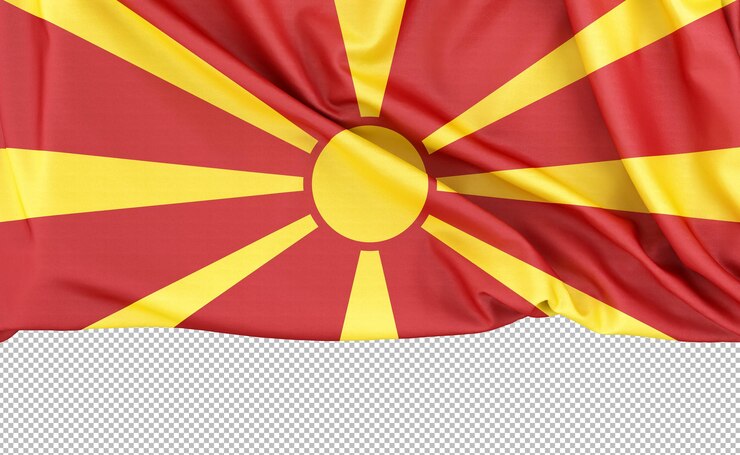 PSD bandeira da macedônia do norte isolada em fundo branco com espaço de cópia abaixo da renderização em 3d