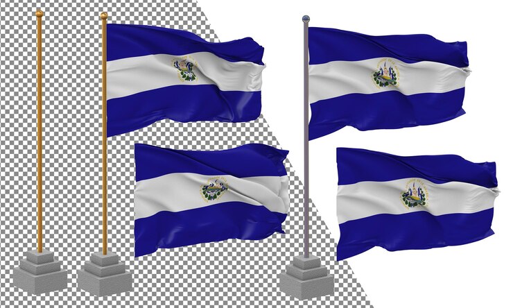 PSD bandeira de el salvador agitando estilo diferente com poste de suporte isolado renderização 3d