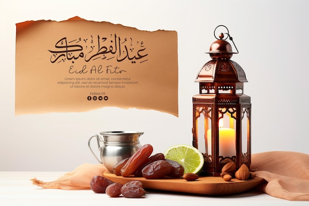 Bandeira de feliz eid alfitr com fundo de lanterna com lâmpada árabe rosário de madeira datas frutas