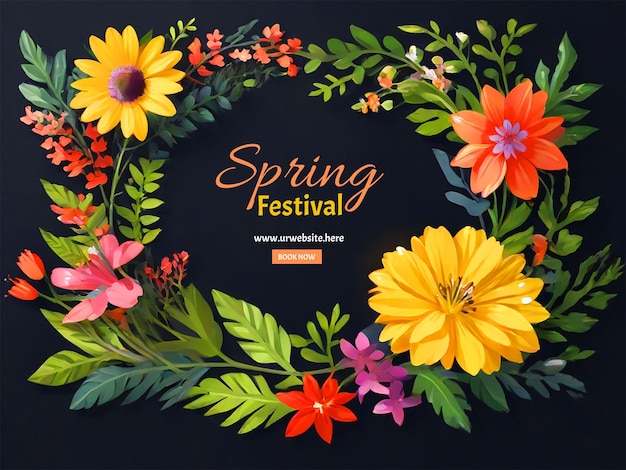 PSD bandeira de flores de primavera em moldura circular