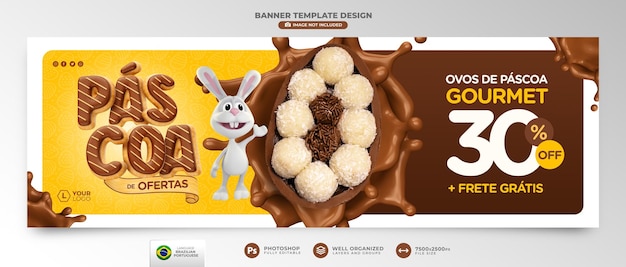 Bandeira de Páscoa de ofertas em renderização 3d em português para campanha de marketing no Brasil
