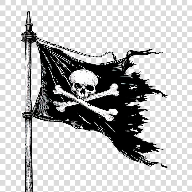PSD bandeira de pirata com logotipo de crânio preto e branco isolado em fundo transparente png