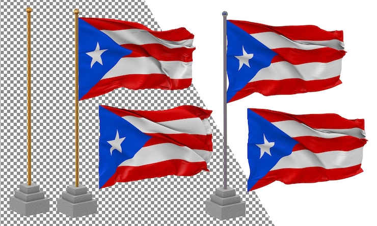 PSD bandeira de porto rico agitando estilo diferente com poste de suporte isolado renderização 3d
