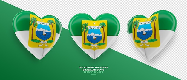 Bandeira do estado brasileiro Rio Grande do Norte em renderização 3d de coração com fundo transparente