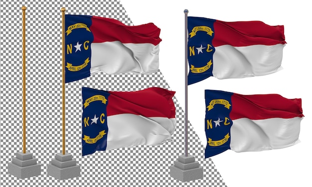 PSD bandeira do estado da carolina do norte agitando estilo diferente com poste de suporte isolado renderização 3d