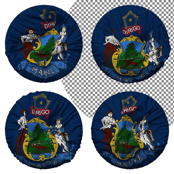 PSD bandeira do estado de maine forma redonda isolada estilo de ondulação diferente textura de colisão renderização 3d