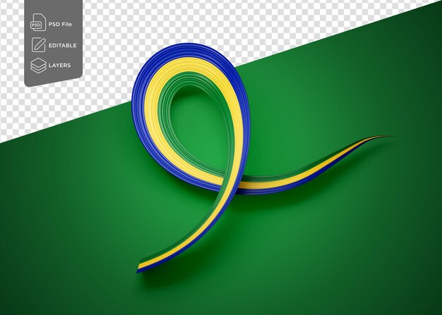 Bandeira do Gabão Bandeira de conscientização ondulada brilhante Isolada em fundo verde Ilustração 3d
