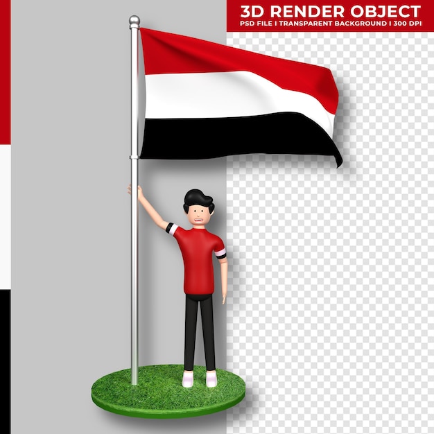 PSD bandeira do iêmen com personagem de desenho animado de pessoas fofas. renderização 3d.