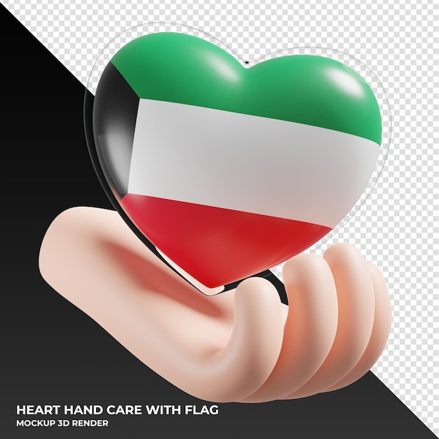 Bandeira do Kuwait com cuidados com as mãos do coração realista 3d texturizado