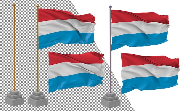 PSD bandeira do luxemburgo agitando estilo diferente com poste de suporte isolado renderização 3d