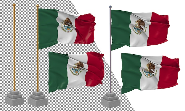 PSD bandeira do méxico acenando estilo diferente com poste de suporte isolado renderização 3d