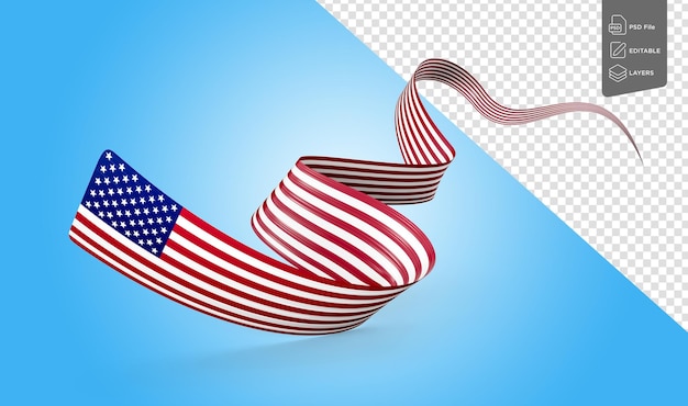 Bandeira dos Estados Unidos da América agitando bandeira de fita em fundo azul Ilustração 3d