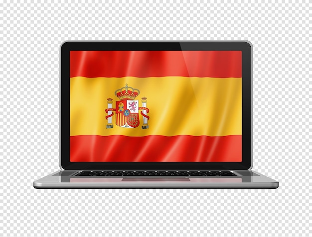 PSD bandeira espanhola na tela do laptop isolada na ilustração 3d branca