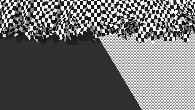 Bandeira quadriculada preta e branca de corrida com listras de tecido de diferentes formas penduradas na renderização 3D superior