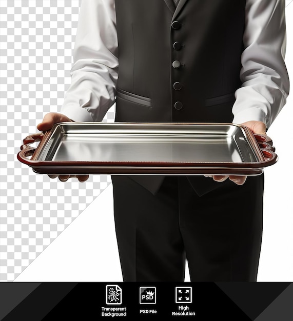 Bandeja de camareros fotográfica realista con una bandeja de plata y un botón negro sostenido por una mano con un hombre blanco y negro en el fondo png psd