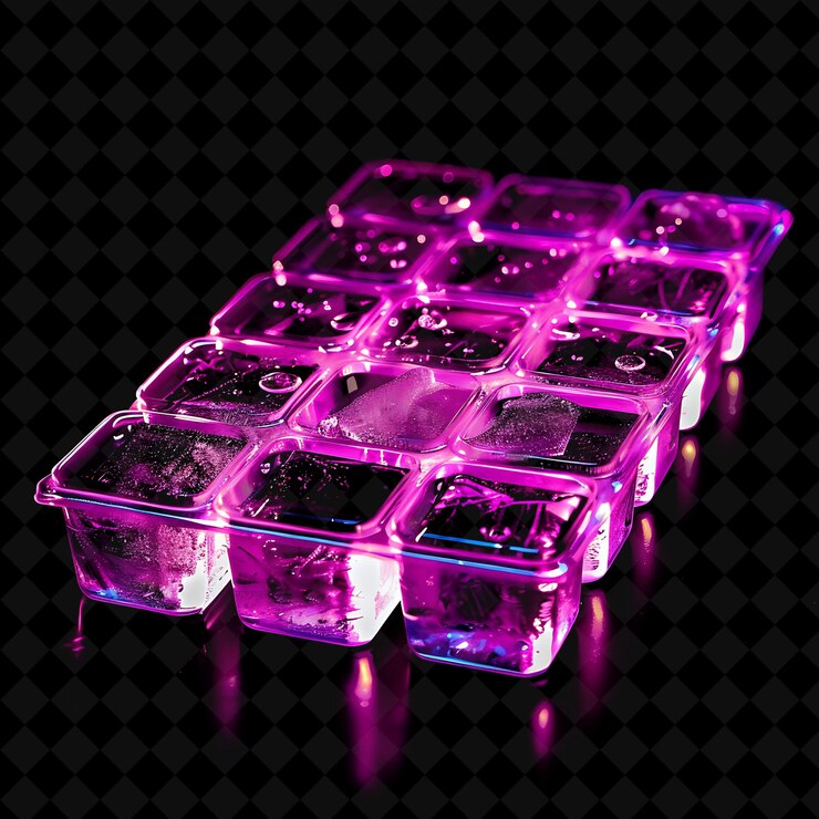 PSD bandeja de cubo de hielo con base flexible hecha con silicona bandeja con objeto de neón en fondo oscuro