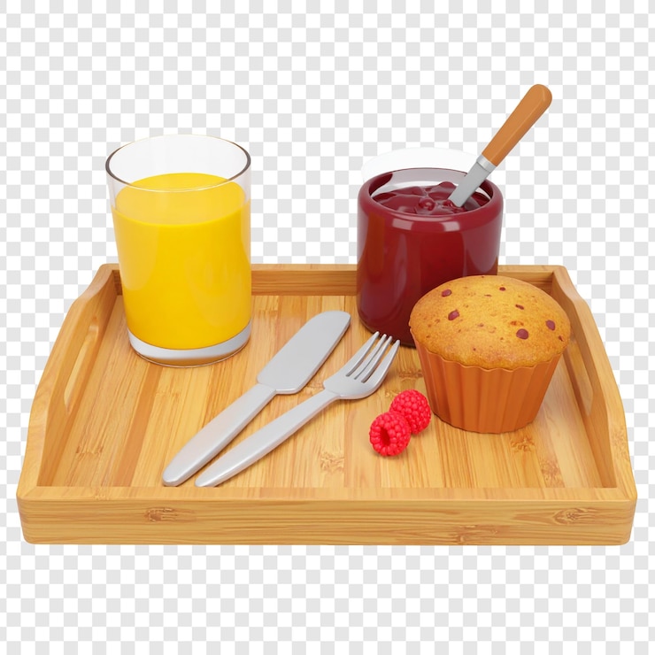 PSD bandeja de desayuno con muffin de mermelada de jugo y frambuesas