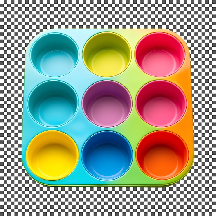 PSD la bandeja de horneado de muffins de silicona de colores aislada sobre un fondo transparente