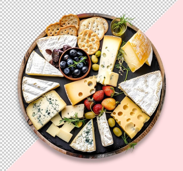 PSD una bandeja de madera con una variedad de quesos y frutas mockup