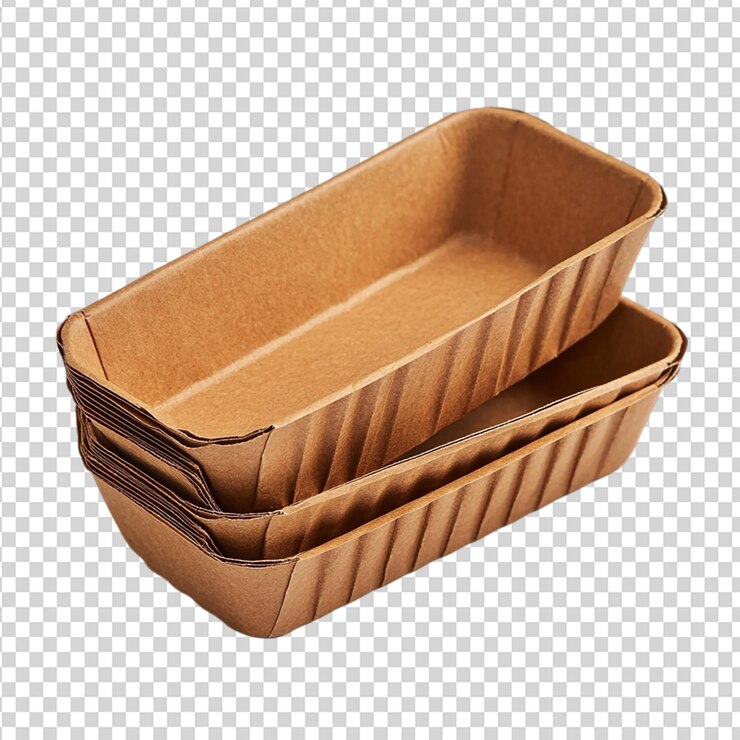 PSD bandejas de alimentos de cartón marrón pila ecológica aislada sobre un fondo transparente