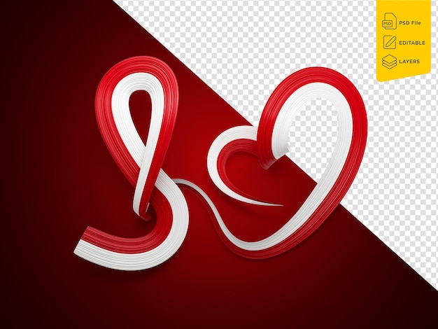 Bandera 3d de Polonia País Bandera de cinta de conciencia ondulada en forma de corazón sobre fondo rojo Ilustración 3d