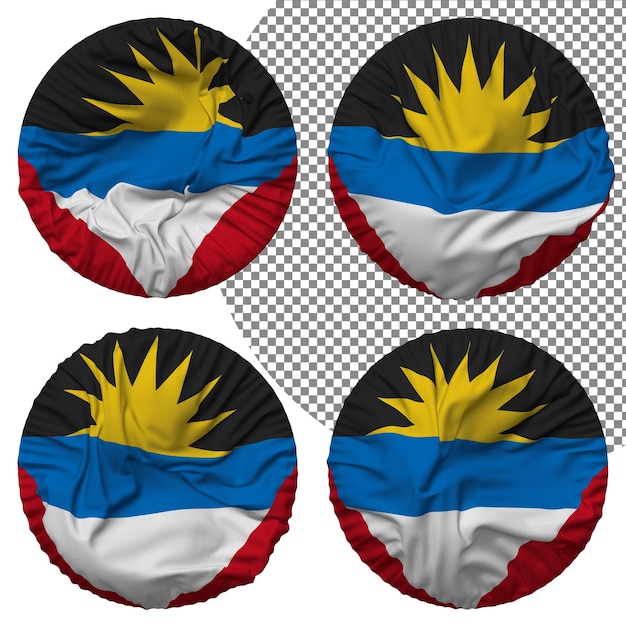 Bandera de antigua y barbuda forma redonda aislada diferentes estilos de ondulación textura de relieve representación 3d