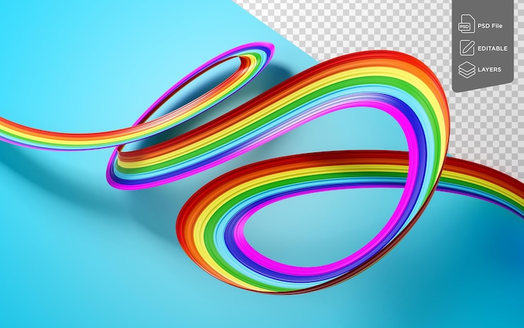PSD bandera del arco iris agitando la bandera de la cinta aislada en un fondo azul suave ilustración 3d