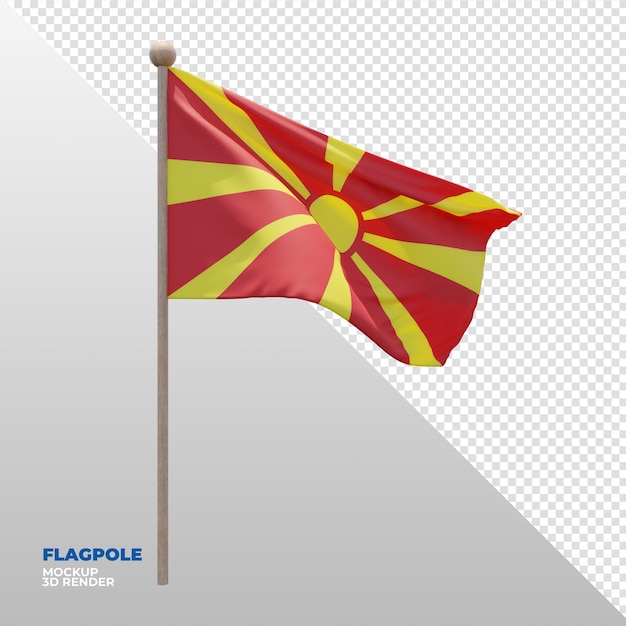 Bandera de asta de bandera con textura 3d realista de Macedonia del Norte