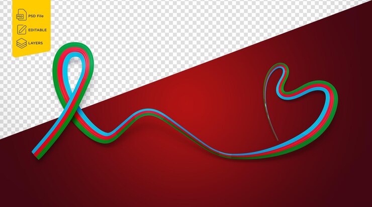 PSD bandera de azerbaiyán en forma de corazón cinta ondulada de conciencia bandera sobre fondo rojo ilustración en 3d