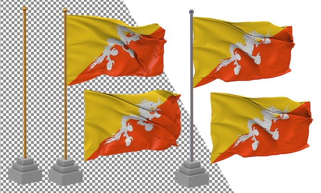 Bandera de Bután ondeando un estilo diferente con un poste de soporte aislado Renderizado en 3D