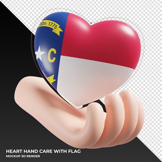 Bandera de carolina del norte con cuidado de la mano del corazón textura 3d realista