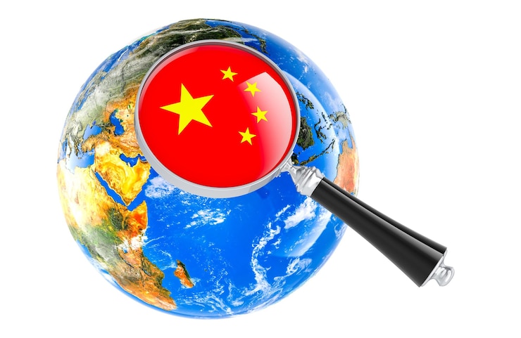 PSD bandera china bajo lupa con representación 3d del globo terrestre aislada sobre un fondo transparente